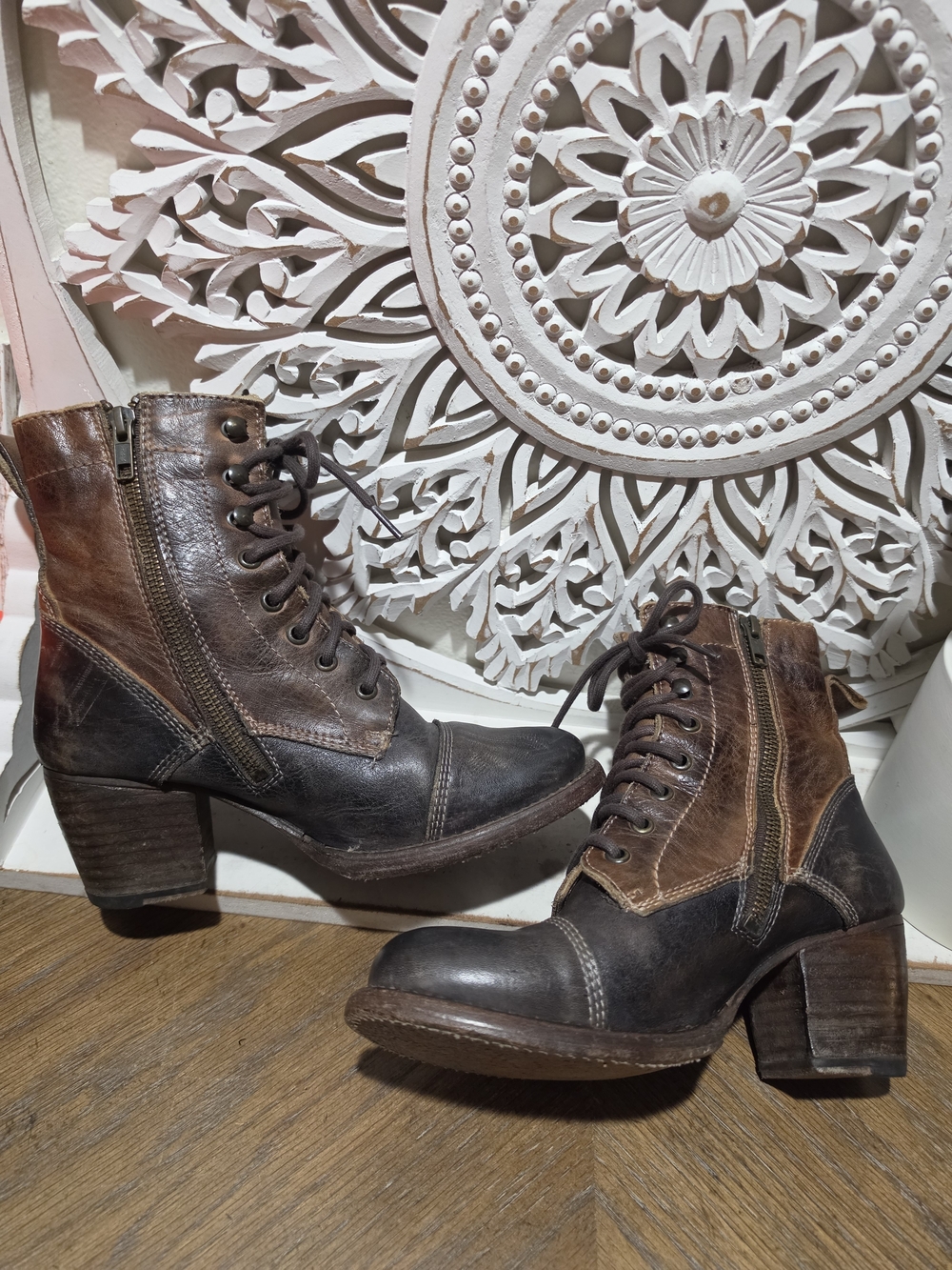 Leather Lace-Up Ankle Boots - Brown/Black - Picture 7 of 12